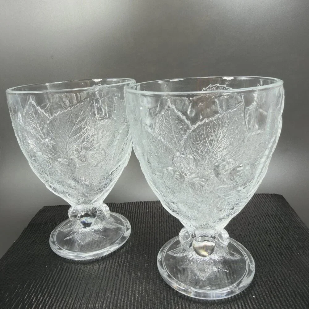 Pasabahce Fruit Embossed Heavy Pressed Glass Goblets Clear Cups Glasses Set‎ 2